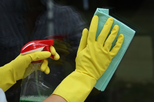 Technician checking carpet cleaning products and tools